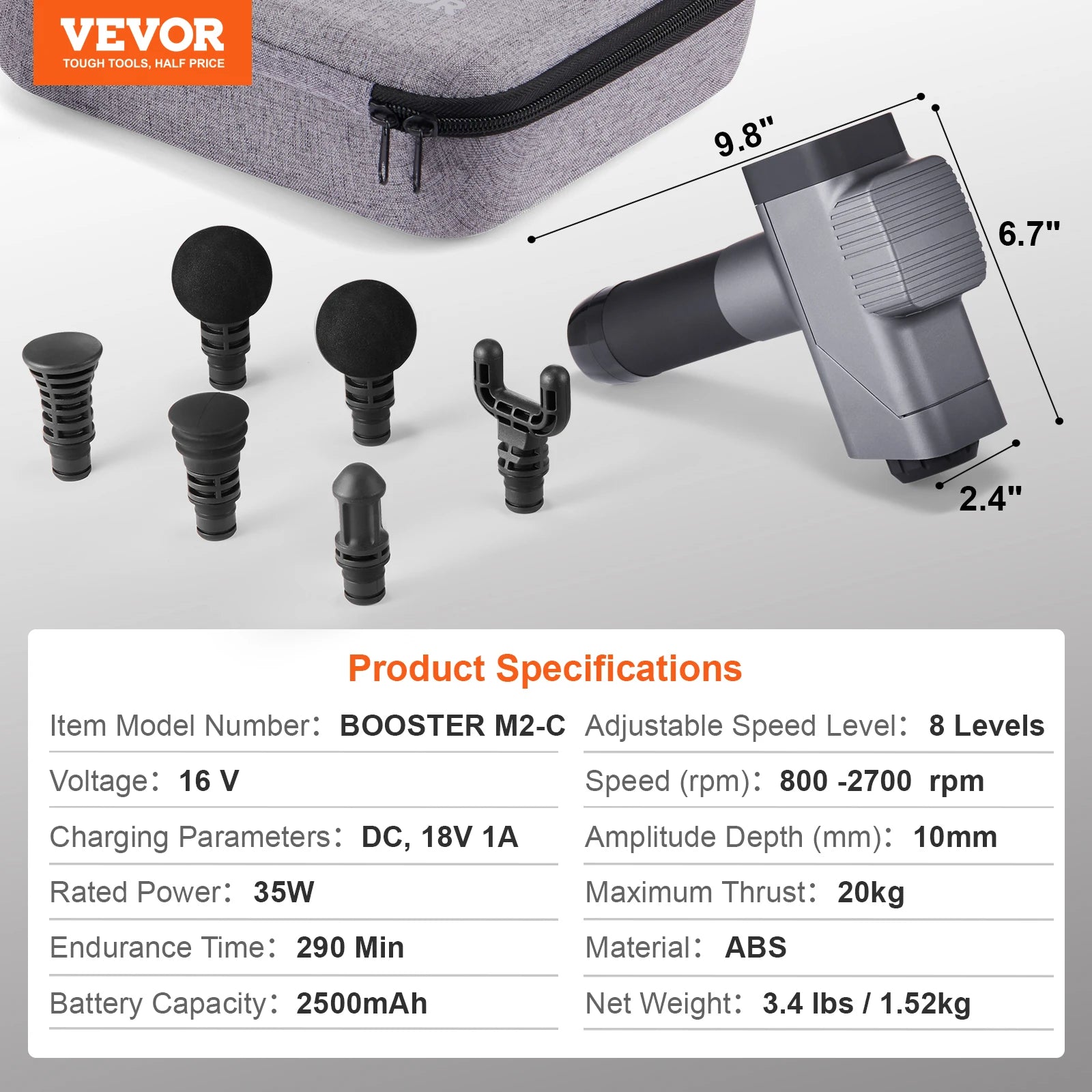 SucceBuy Massage Gun Deep Tissue Percussion Muscle Massager for Athletes w/ 8 Speed Levels 6 Massage Heads 16V 2500mAh