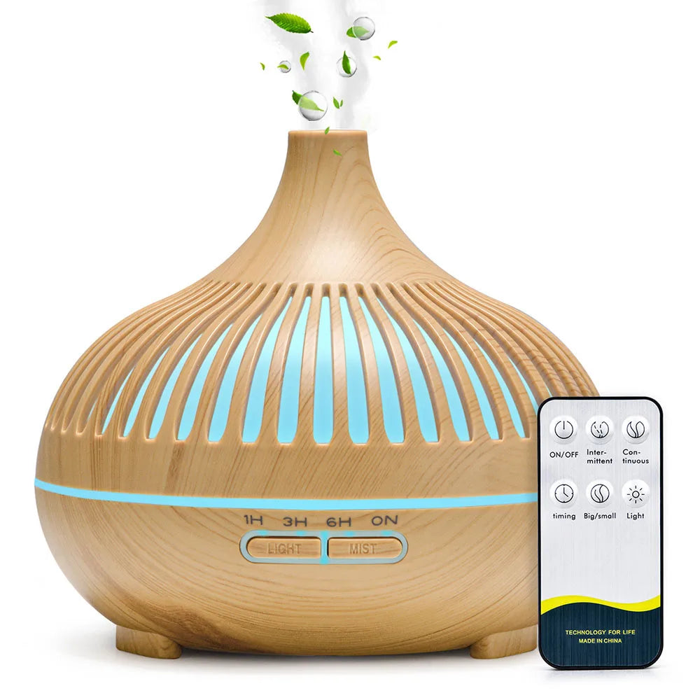 500ML Aromatherapy Essential Oil Diffuser Wood Grain Remote Control Ultrasonic Air Humidifier Cool with 7 Color LED