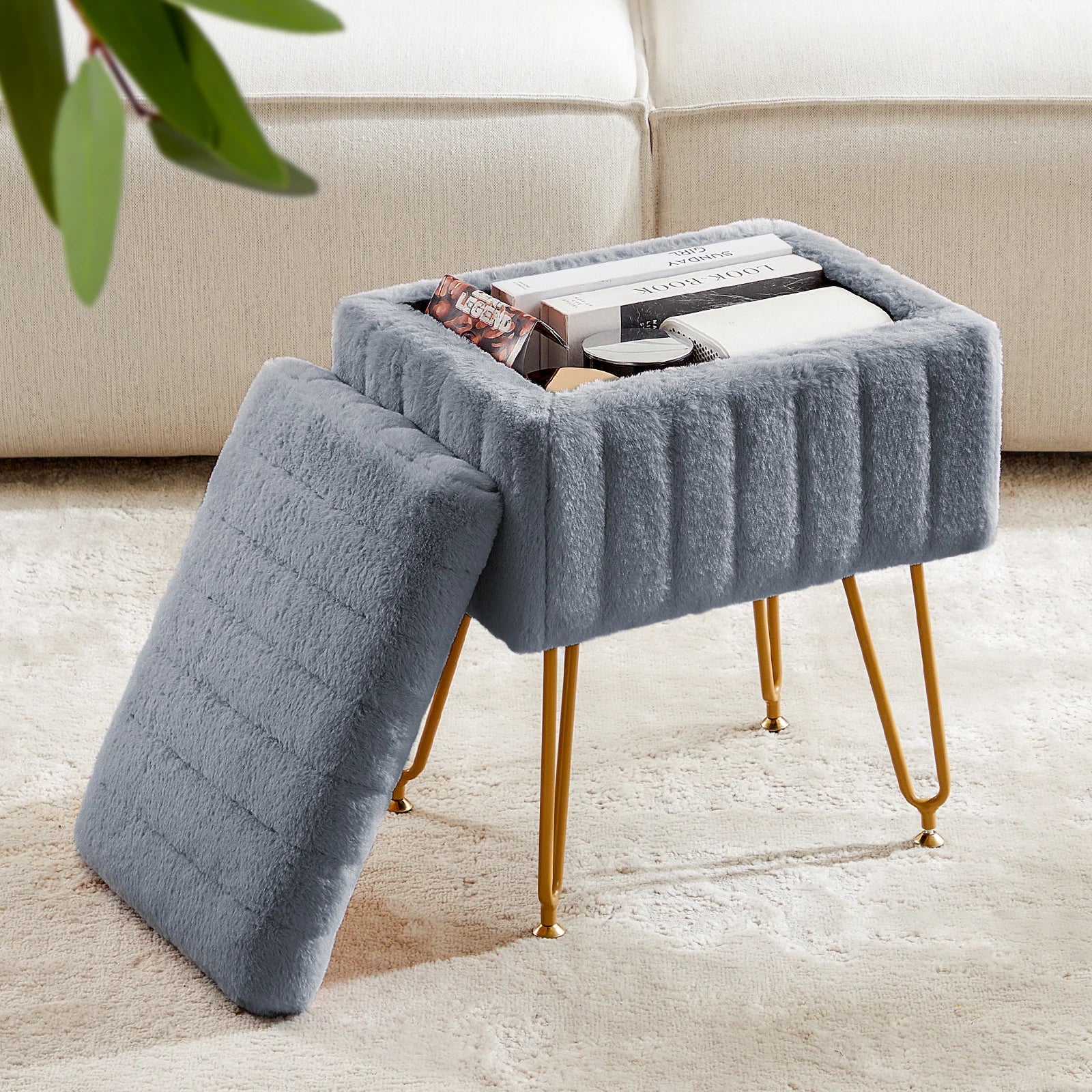 JHK Faux Fur Living Room Hidden Storage Stools & Ottomans Padded Makeup with 4 Metal Legs Anti-Slip Adjustable Feet