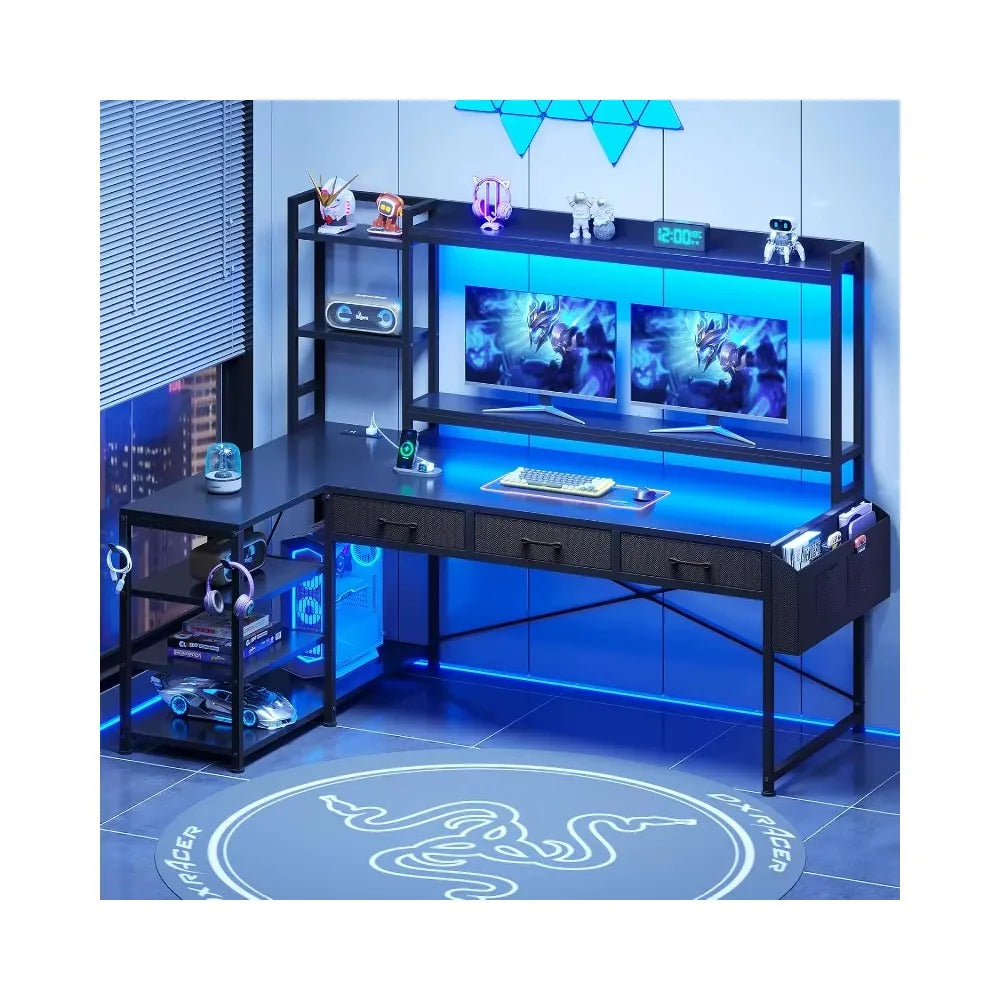 55-inch L-shaped gaming desk with bookshelves and drawers corner computer desk with shelves and storage space black.