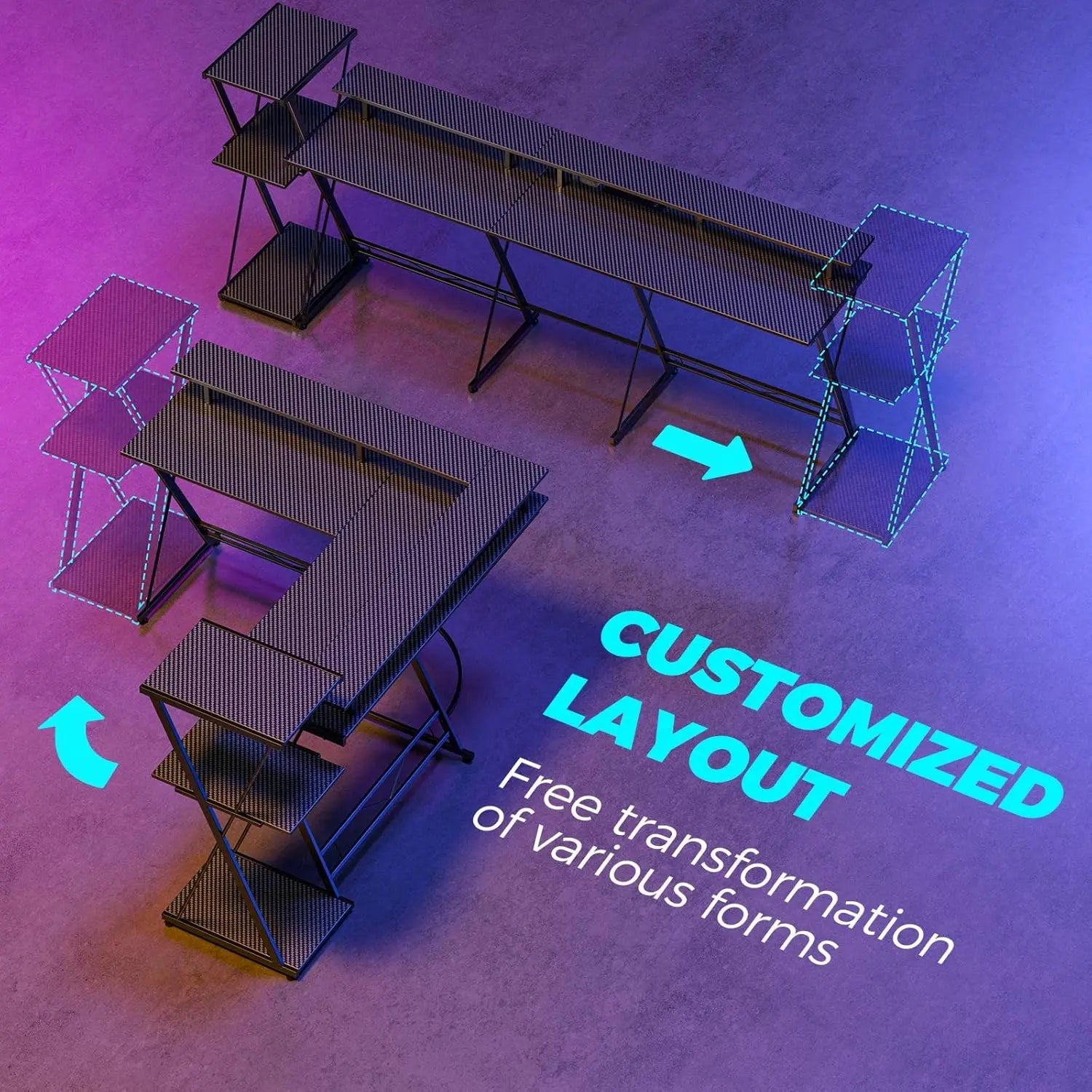 L Shaped Gaming Desk with LED Lights & Power Outlets 55” Reversible Corner Desk,Computer Desk with Monitor Stand,Black