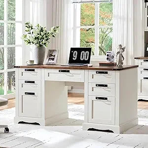 RedLemon 60 Farmhouse Executive Desk with Drawers Wood Home Office Desk w/Charging Station Keyboard Tray File Drawer