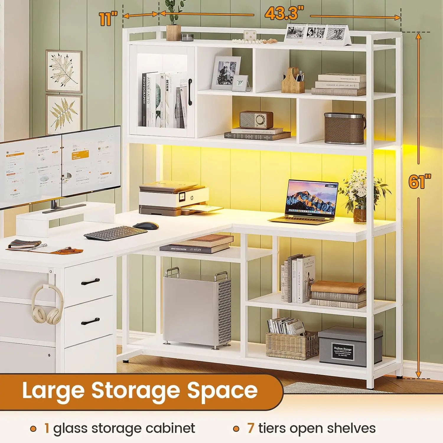 L Shaped Computer Desk 58’’ Office Desk with 3 Drawers and Bookshelf L Shaped Corner DeskGaming Desk L Desk White