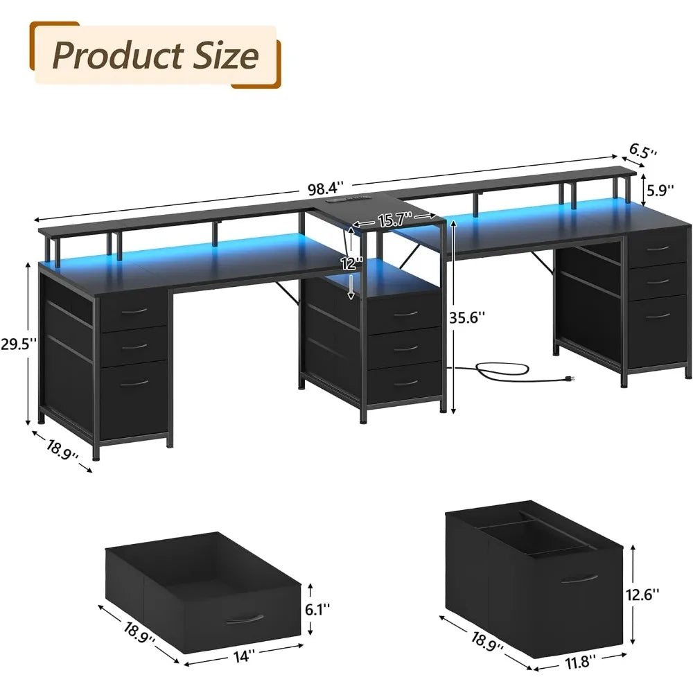 98.4’’ Long Computer Desk with 9 Drawers 2 Person Gaming Desk with LED Lights & Power Outlet Two Person Home Office