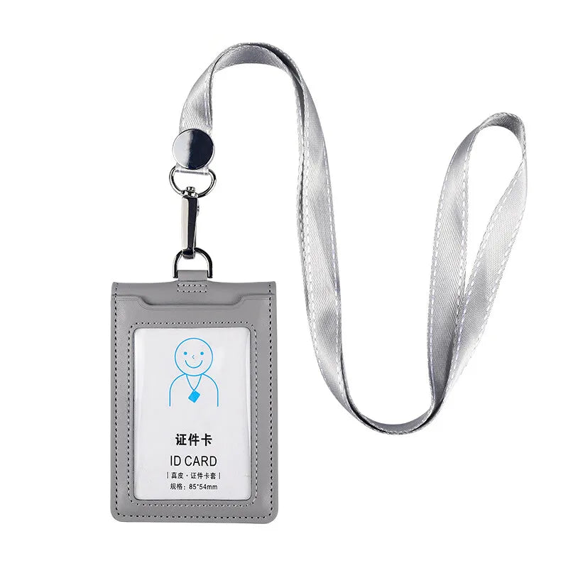 Cowhide ID Card Holder Business Document Case Leather Factory Staff Office Workers Badge Tag Cases with Lanyard