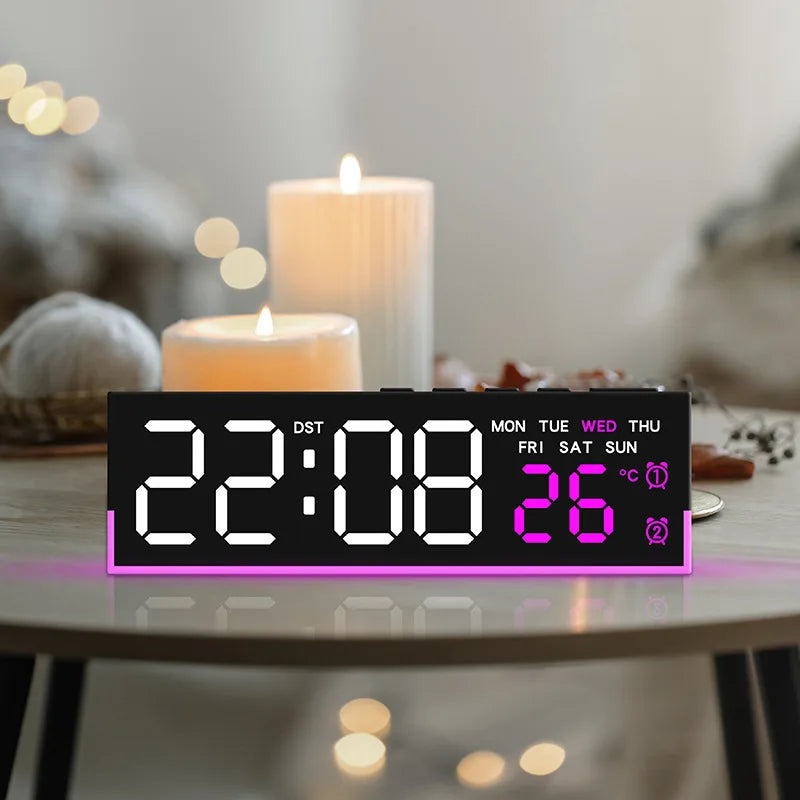 Digital Alarm Clock with Bottom Mood Light TEMP Week Date Dual Alarm 3 Levels Brightness Snooze DST Table Clock 12/24H