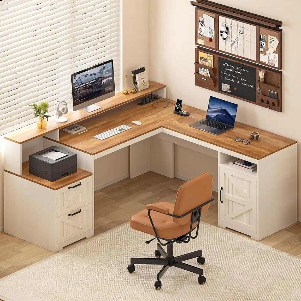 63’’ Farmhouse L Shaped Executive Desk with Drawers & Storage Shelf Corner Computer Desk with Power Outlets L Shaped