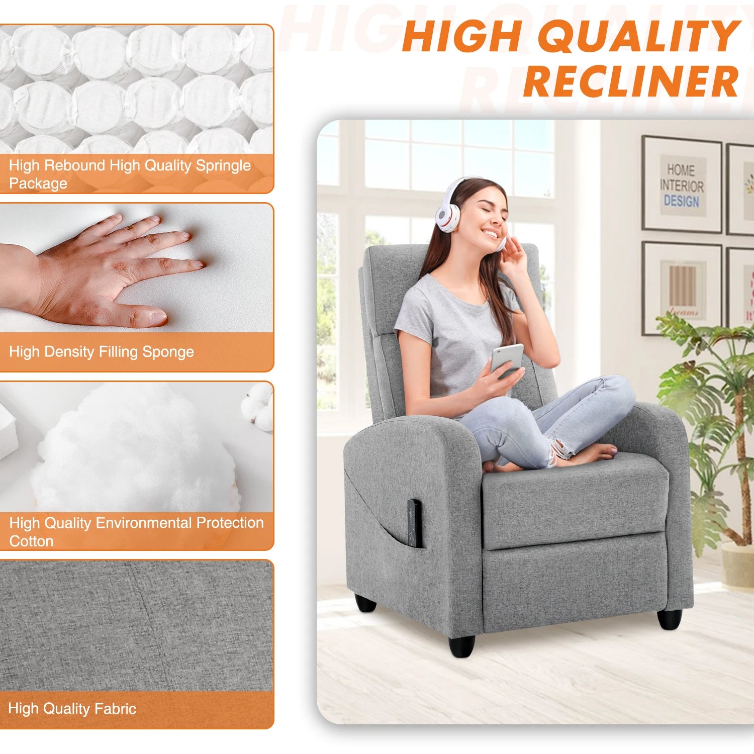 JHK Recliner Chair Massage Sofa Fabric Theater Lumbar Support Adjustable Modern Padded Seat Backrest Living Room Home