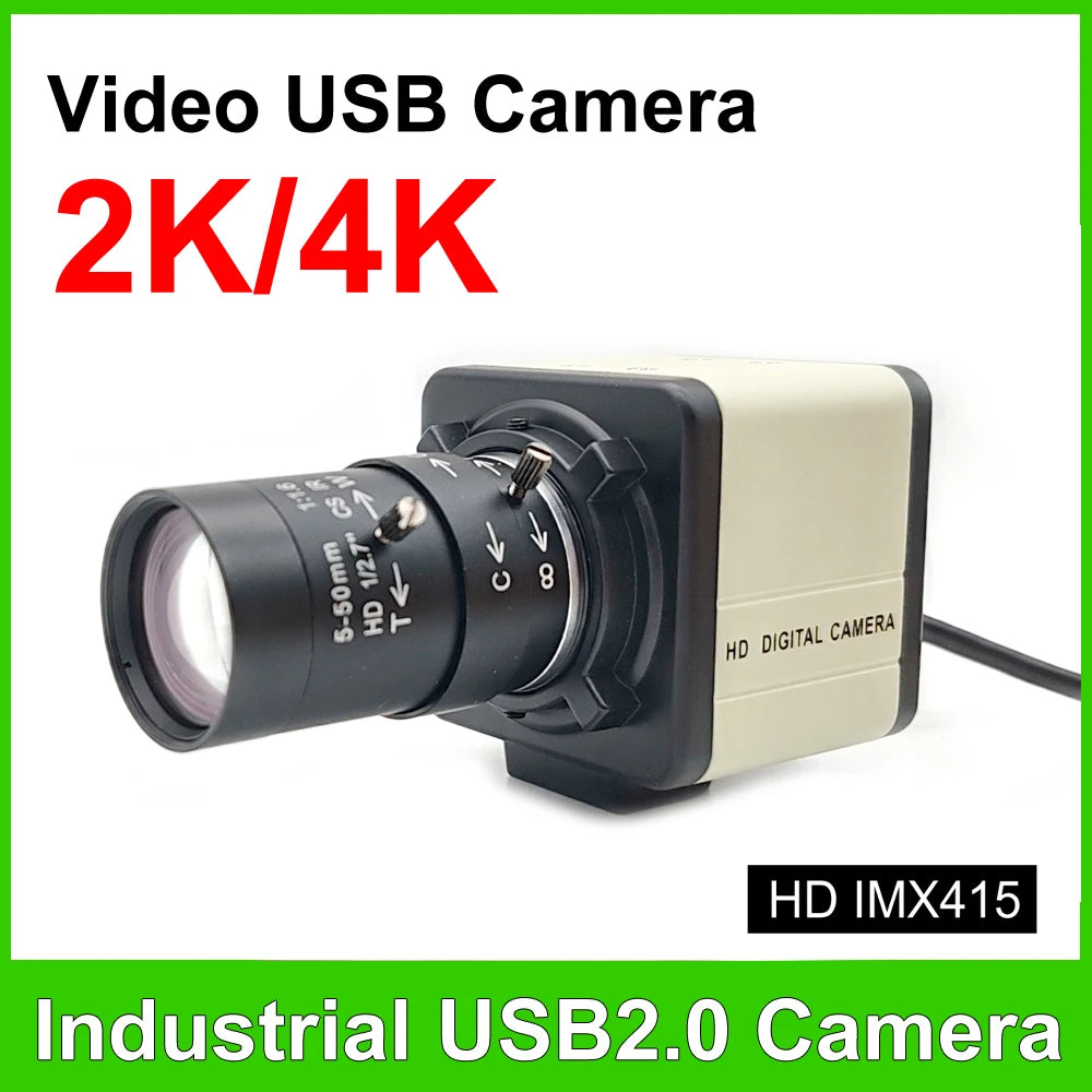 Industrial 4K 8MP CCD IMX415 USB Webcam 2K F5253 With 2.8-12mm Varifocal Lens USB2.0 PC Video Camera UVC OTG For Live