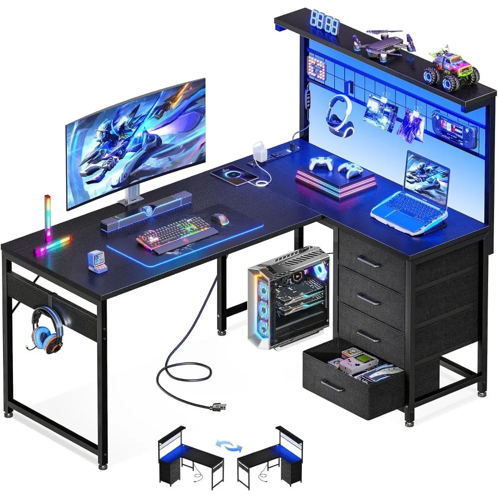 L Shaped Gaming Desk with Shelf & 4 Drawers 43 Reversible Computer Desk with LED Light Home Office Table with Hutch