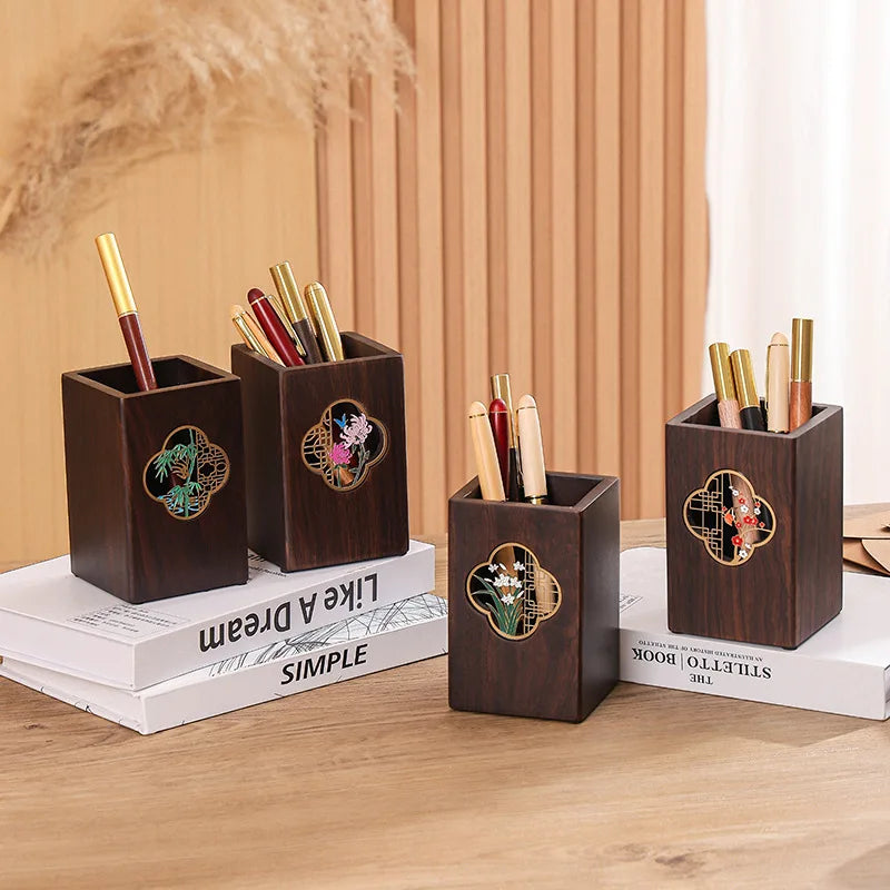 1pcs Multifunctional Ebony Wood Pen Holder Chinese Style Engraved Desktop Organizer Retro Wooden Desk Decor Business