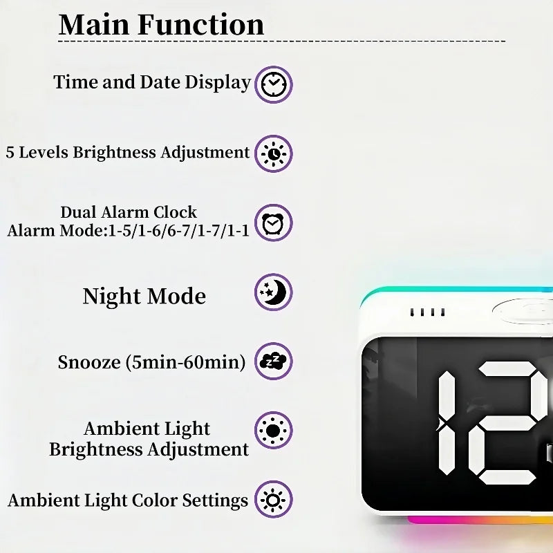 USB Powered Digital Alarm Clock with 11 Colors Mood Light Date Week 2 Alarm 12/24H Night Mode Unlimited Snooze Table