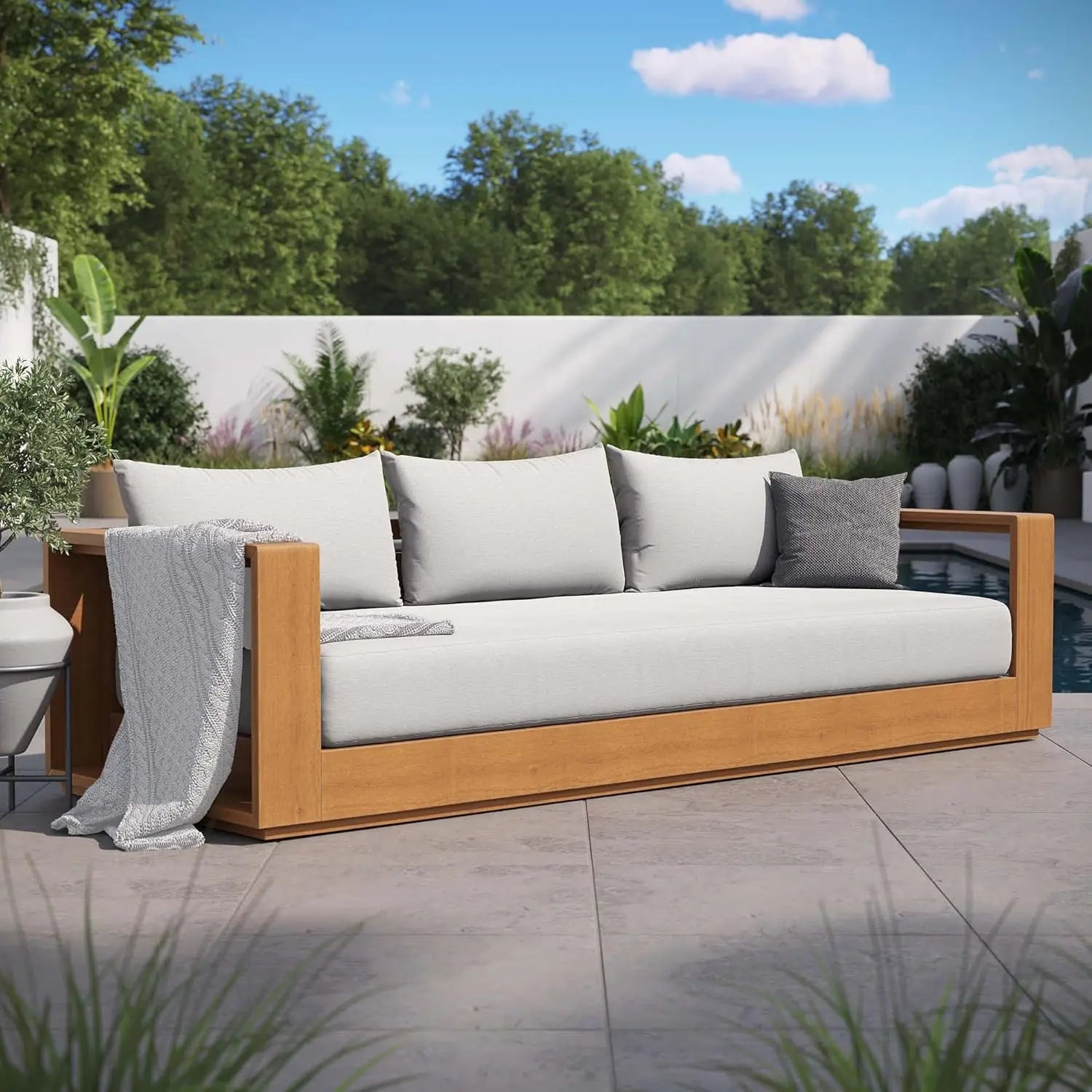 Tahoe Acacia Wood Outdoor Patio Sofa in Natural Light Gray Weather-Resistant Cushions-Ideal as a Porch Couch or Sunroom