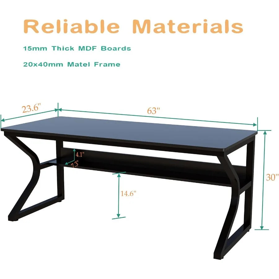 Extra Long Desk with Bookshelf for Home and Office 63 Double Long Writing Table Ideal for 2Person Workstation Modern