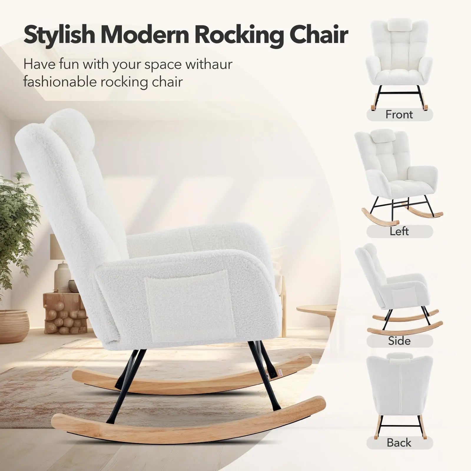 Nursery Rocking Chair Teddy Upholstered Glider Rocker Rocking Accent Chair Padded Seat with High Backrest Armchair