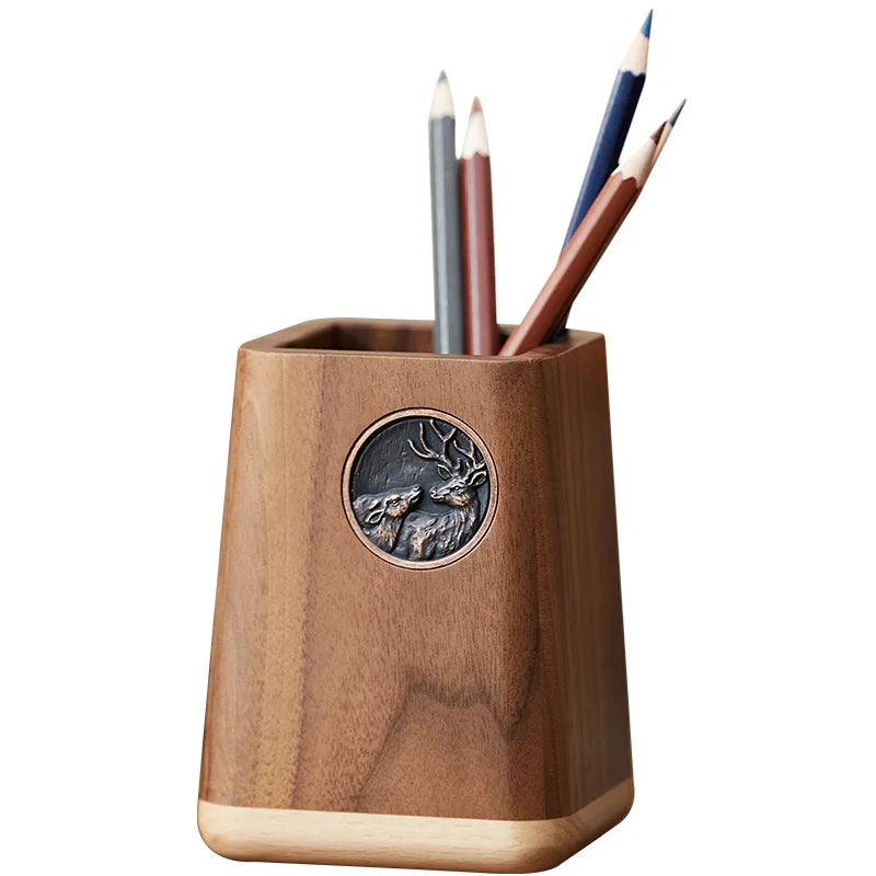 Black Walnut Solid Wood Pen Holder | Nordic Office Desk Organizer | Wooden Pen Stand with Storage Compartment