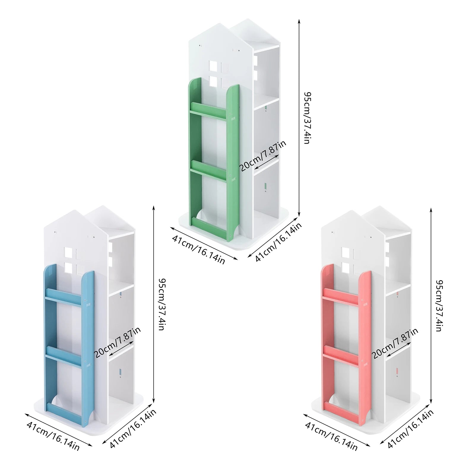 Rotating Kids Bookshelf with 4 Tiers Eco-Friendly PVC Material Castle Shape Design 360° Swivel Large Storage Space