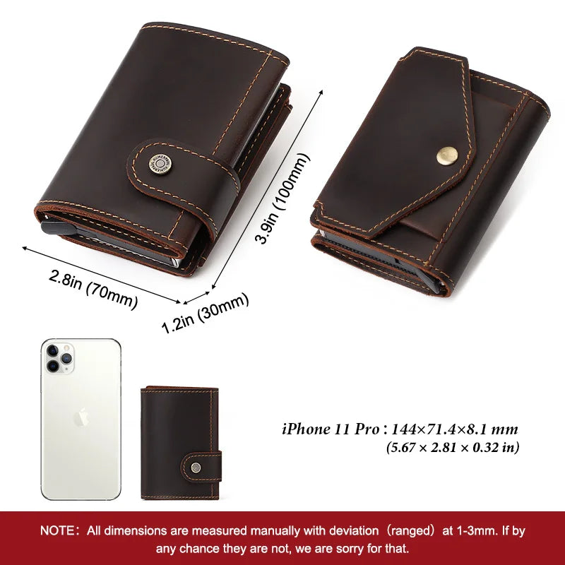 HUMERPAUL Cowhide Men Business Aluminum Cash ID Card Holder RFID Slim Metal Wallet Zip Coin Purse Automatic Pop Up