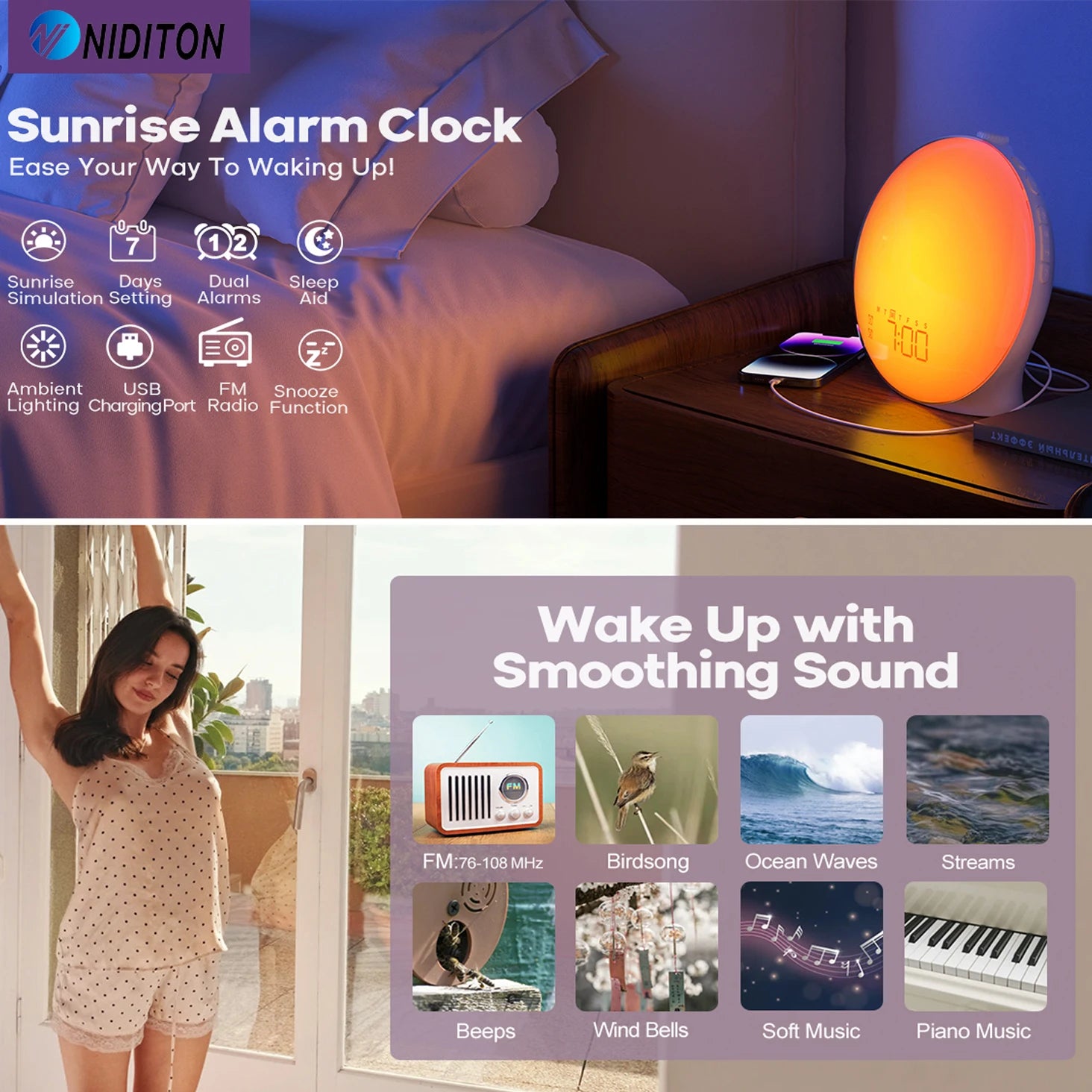 Wake Up Light Alarm Clock Sunrise/Sunset Simulation Digital Clock with Night Light FM Radio Desk Clocks Niditon