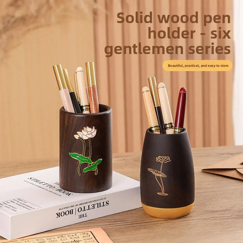 1pcs Multifunctional Ebony Wood Pen Holder Chinese Style Engraved Desktop Organizer Retro Wooden Desk Decor Business
