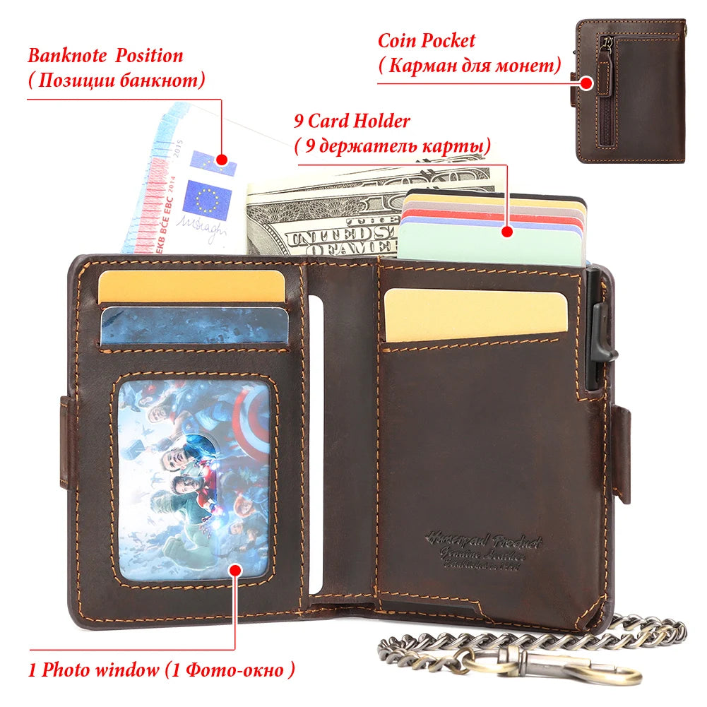 Crazy Horse Leather Card Holder RFID Blocking Card Case Smart Pop-up Cardholder Fashion Men’s Wallet with Long