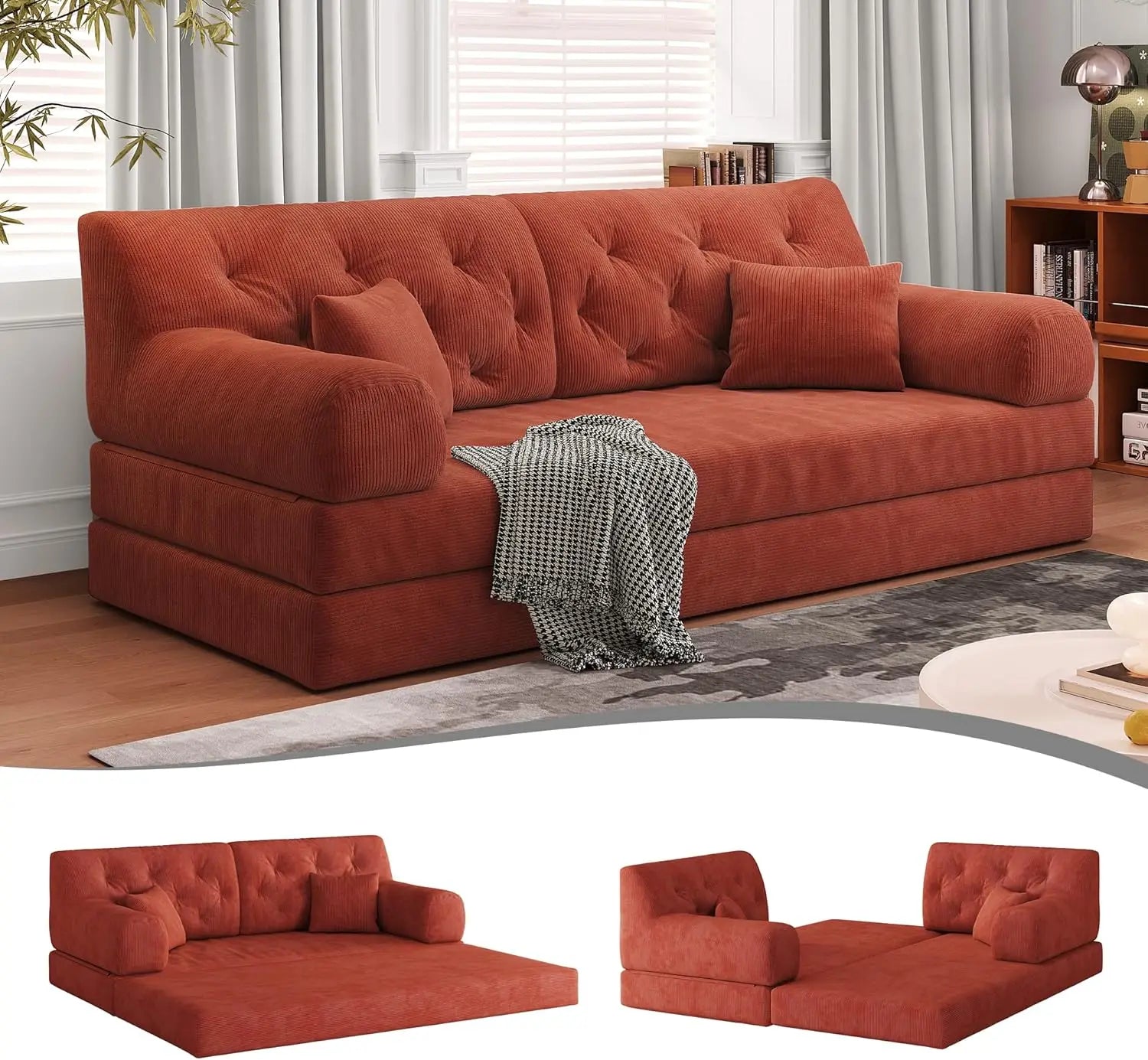 79’’ Convertible Sofa Bed with Pillows Corduroy Folding Sleeper Sofa with Fixed-Shape Frame Boneless Couch for Living