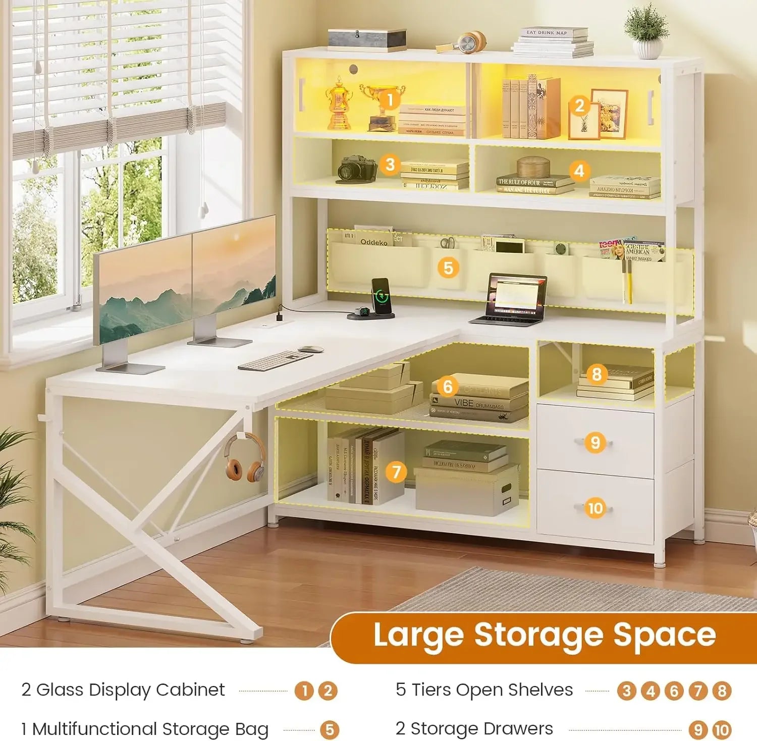 L Shaped Gaming Desk Home Office Computer Desk with 2 Drawer and Bookshelf L Shaped Gaming Corner Desk with LED Light