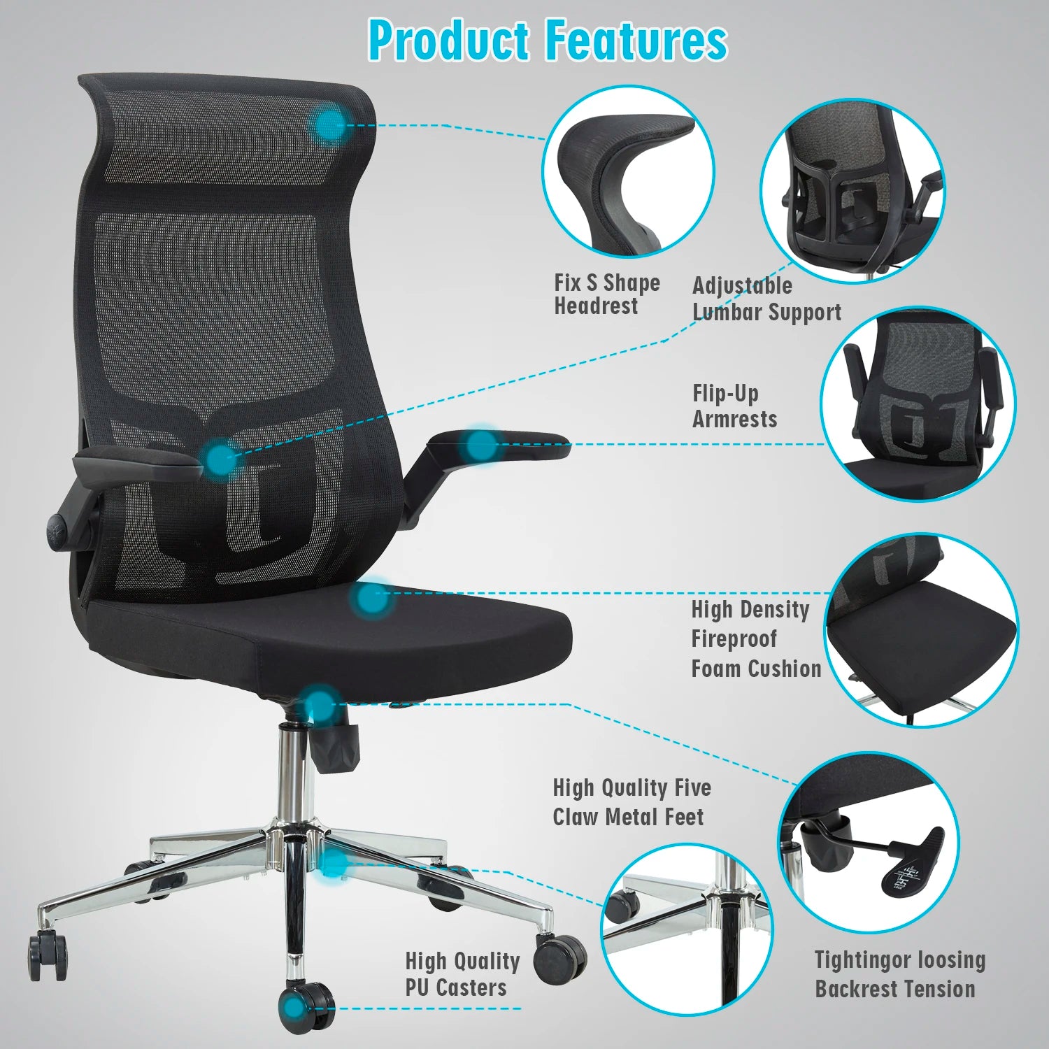 Ergonomic Office Chair Fixed Headrest with Flip Up Arm Adjustable Lumbar Support and PU Wheels Swivel Tilt Function