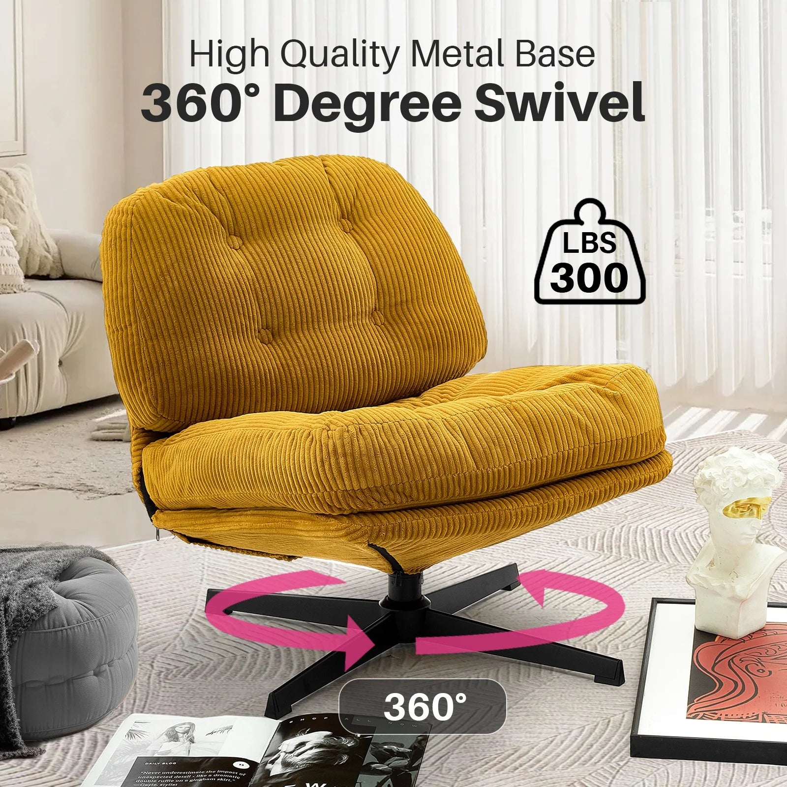 Redlife Modern Foldable Accent Chair 360° Swivel Tufted Lazy Chair Upholstered Lounge Chair w/ Thickened Cushion