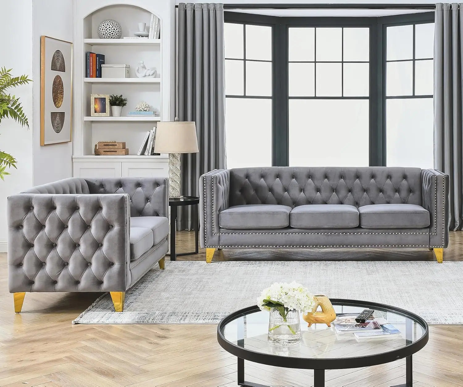 Velvet Living Room Sofa Set of 2 Comfy Loveseat and 3 Seater Couch Modern Sofa with Tufted Back and Rivet Decoration