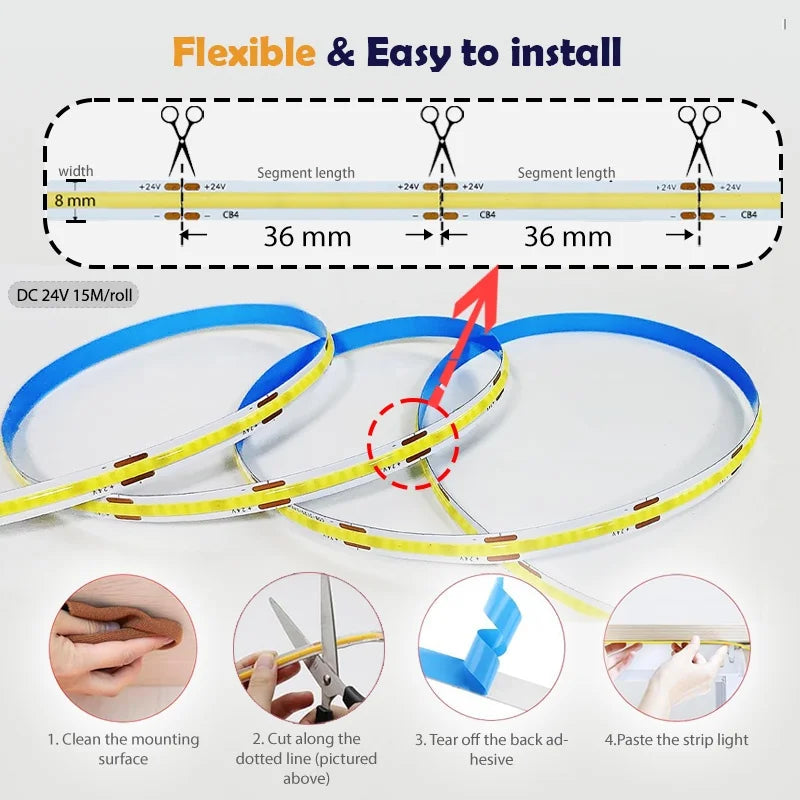 ETL Listed 24V 50ft/15m COB LED Strip Light 3000K/4000K/6500K Dimmable with RF Remote for Bedroom Cabinet(Power Supply