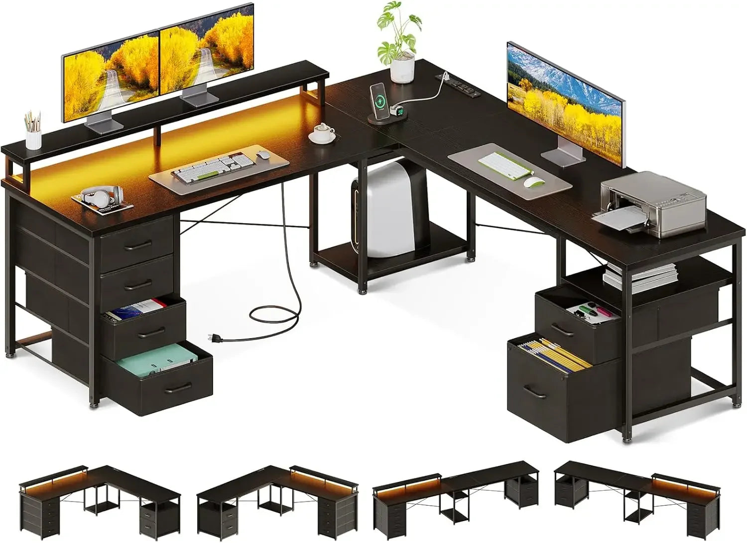 66’’ L Shaped Computer Desk 113“ Reversible Home Office Desk with File Cabinet & 4 Fabric Drawers Two Person Desk