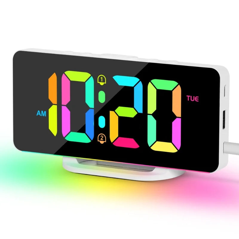 RGB Digital Alarm Clock with RGB Mood Light 2 Alarm Night Mode Unlimited Snooze Table Clock 12/24H Output USB Charging