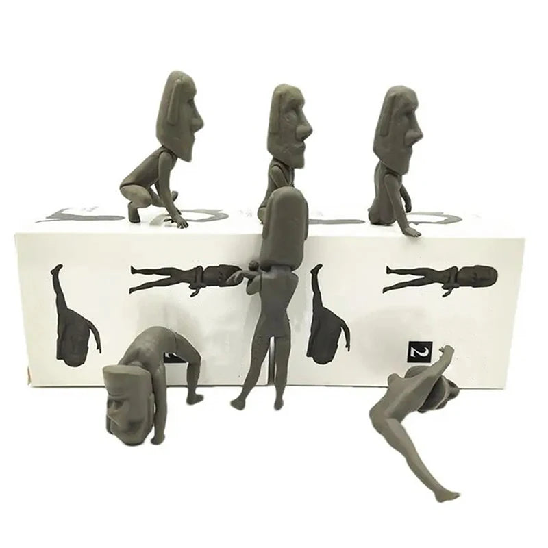 Creative Moai Statue Set Easter Island Moai Sculpture PVC Stretching Exercise Moai Decor Mini Desk Figurines Desktop