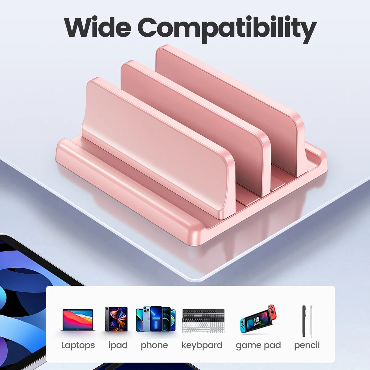 Vaydeer Pink Plastic Vertical Laptop Stand Holder Adjustable Desktop Notebook Dock Space-Saving 3 In 1 For Women