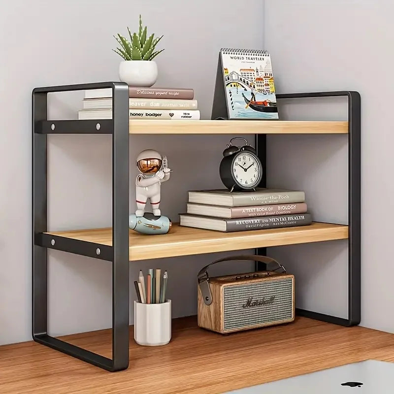 LUSQI 2 tier Shelf Desktop Storage Bookshelf Student Desk Shelves Racks Office Computer Desk Tiered Cabinet Home
