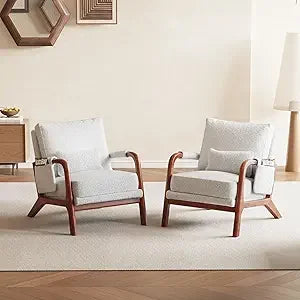 Mid Century Modern Accent Chair with Pillow & Pocket Upholstered Armchair with Solid Wood Frame & Soft Cushion