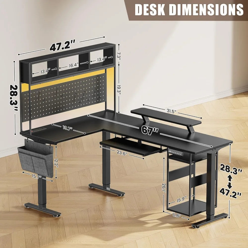 Electric L Shaped Standing Desk Adjustable Height 67’’ x 47’’ Corner Computer Desk with Host Shelf Gaming Desk with LED