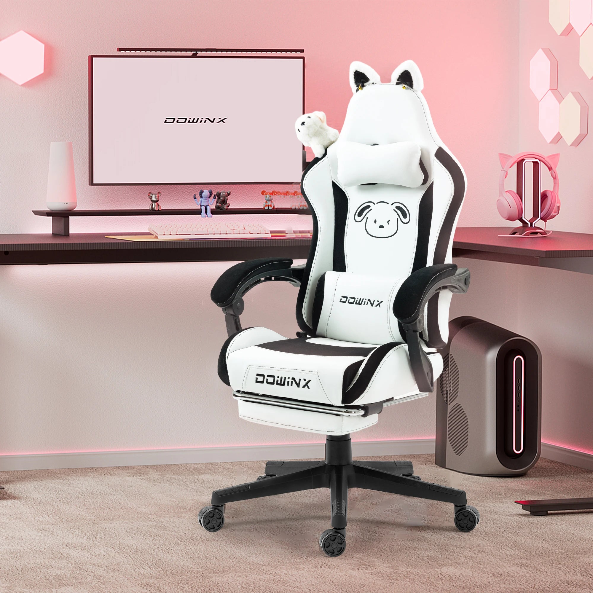 Dowinx Gaming Chair Cute with Cat Ears and Massage Lumbar Support Ergonomic Computer Chair for Girl with Footrest