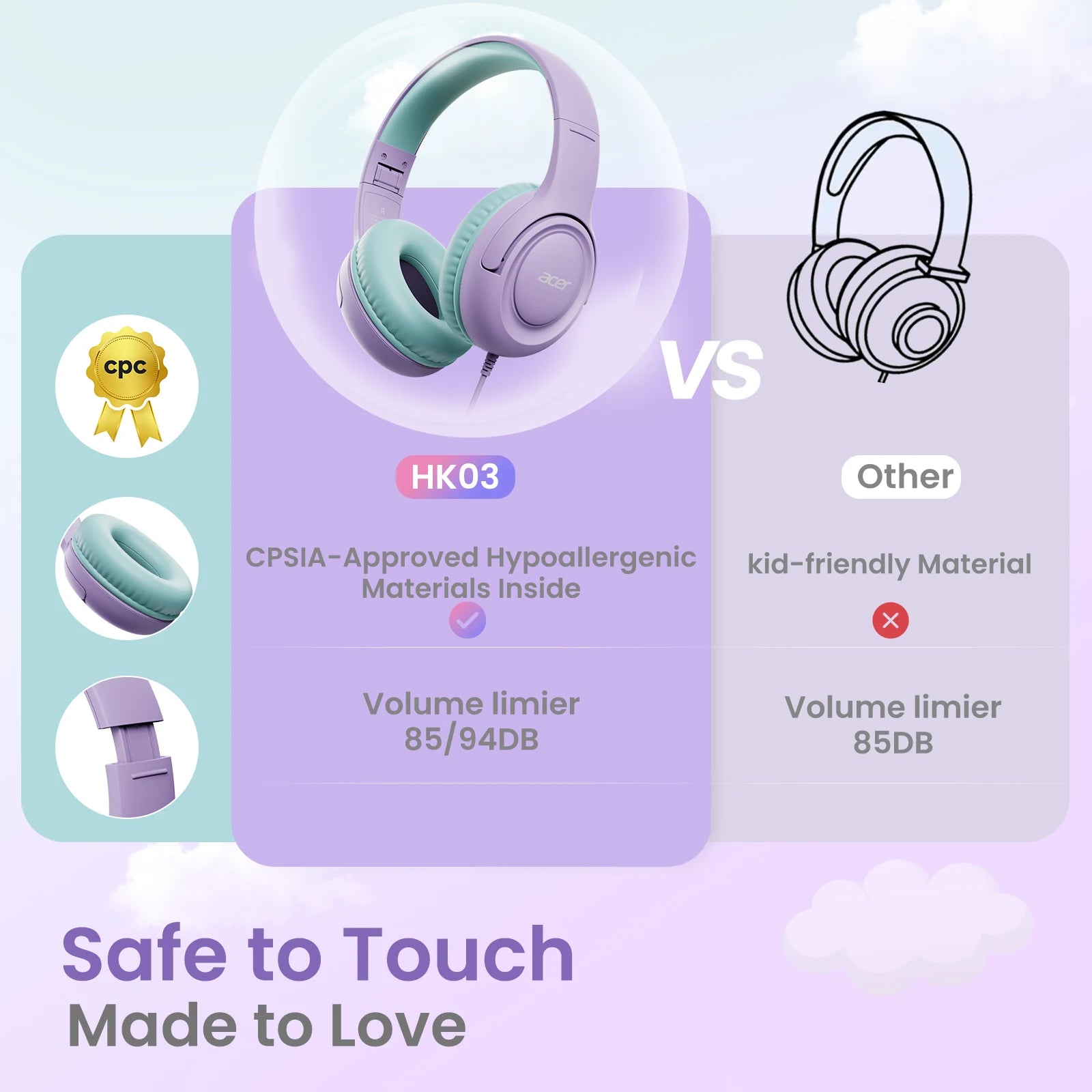 Acer Kids Headphones Wired for School 85/94dB Volume Limiter Foldable Stereo Sound Headset for Kids Learning Tablet