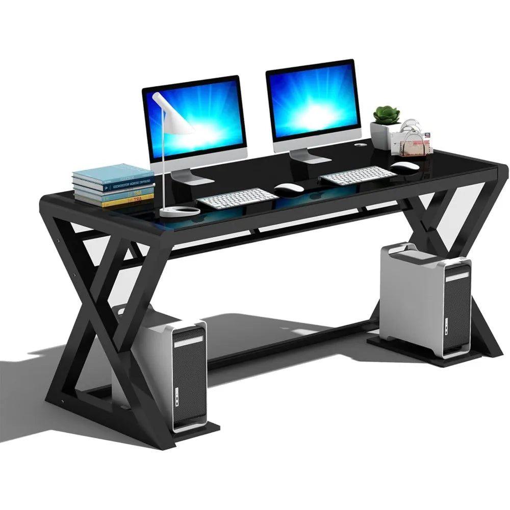 Computer desk home office desk 55.1 inch modern minimalist office black glass desk study room - Black 1 / United States