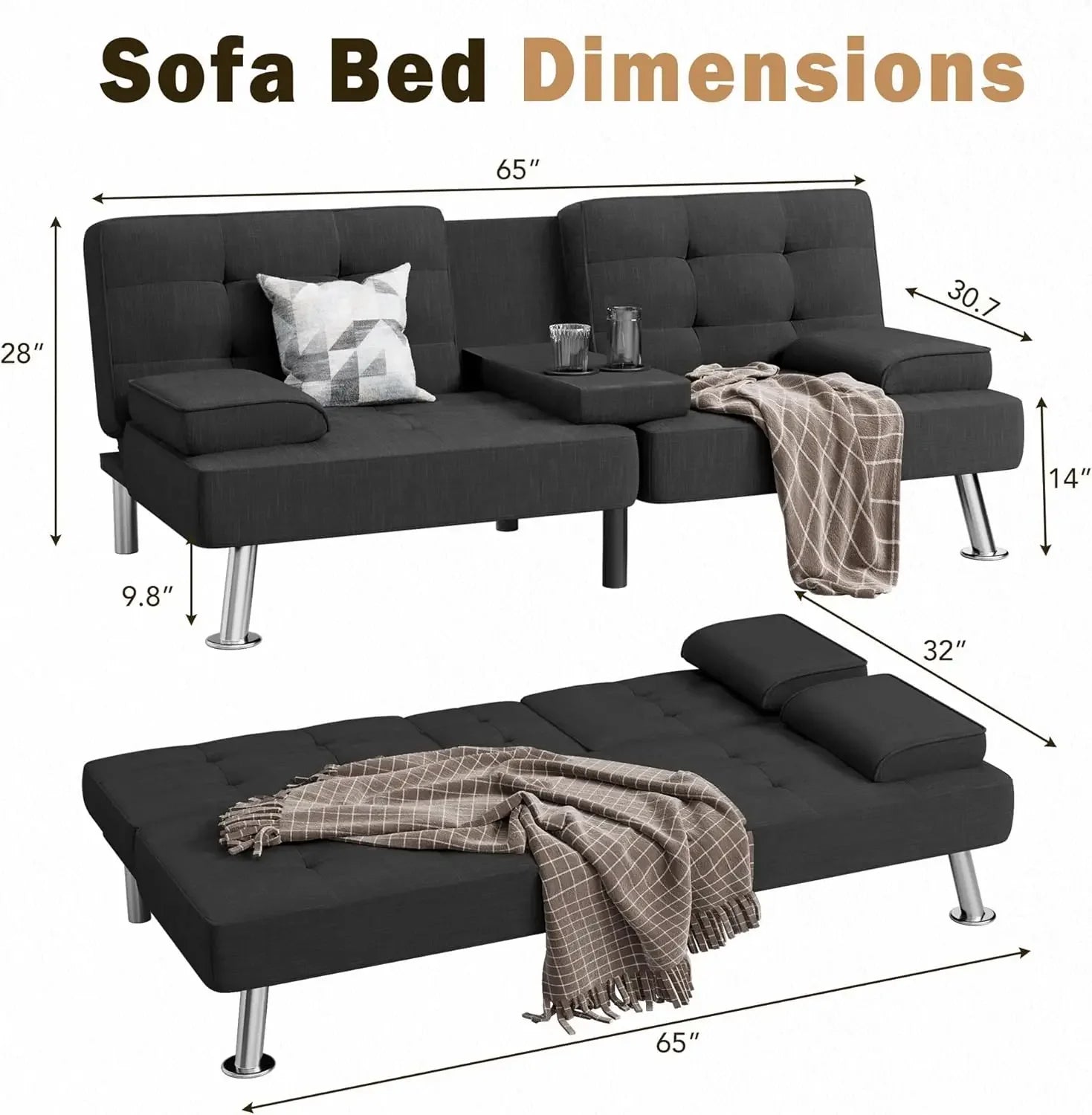 Modern Linen Upholstered Convertible Folding Futon Sofa Bed with Removable Armrests Metal Legs 2 Cup Holders for Living