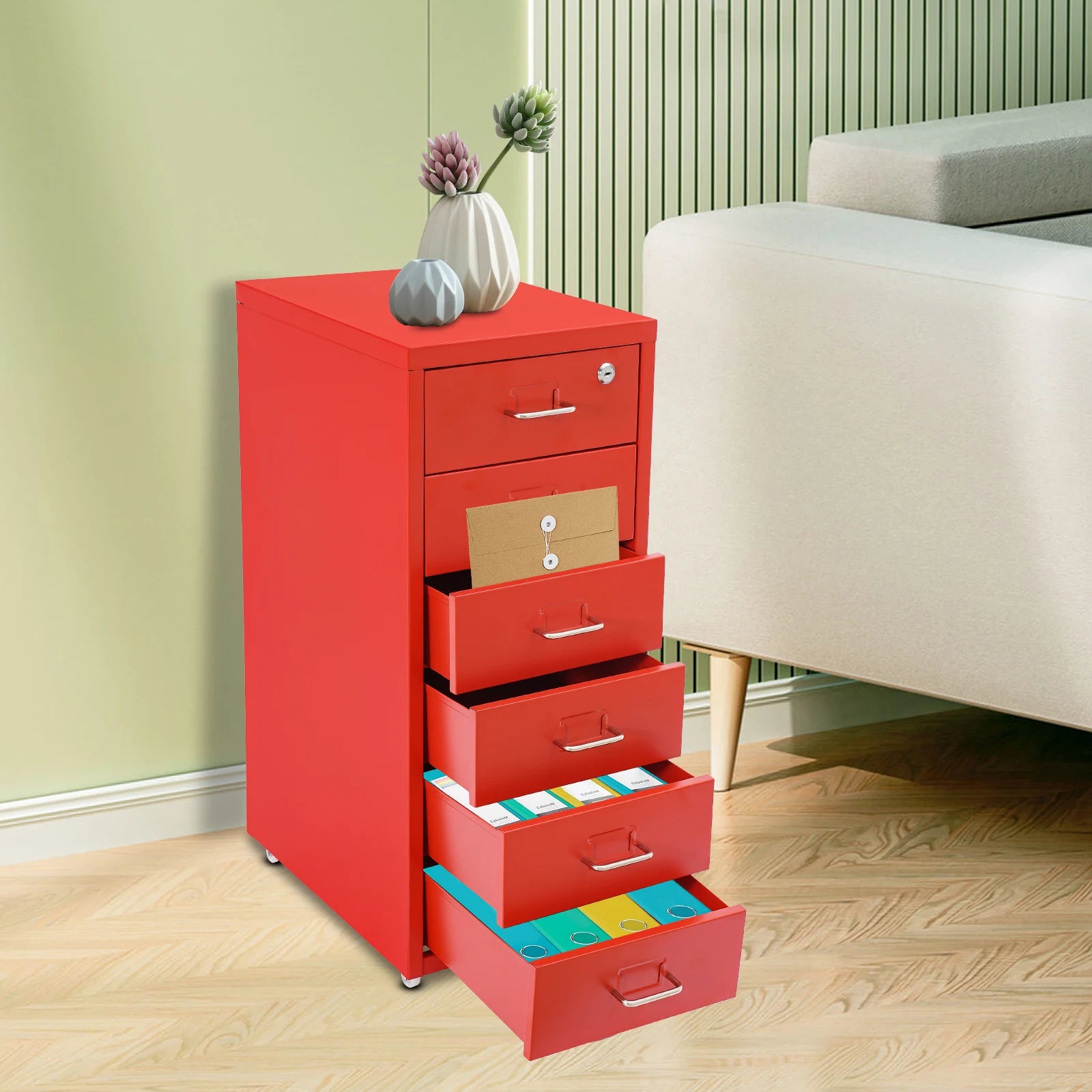 6-Drawers Mobile File Cabinet With Lock 4* Wheels Steel Vertical Filing Cabinet Office Cabinet Indoor Side Cabinet