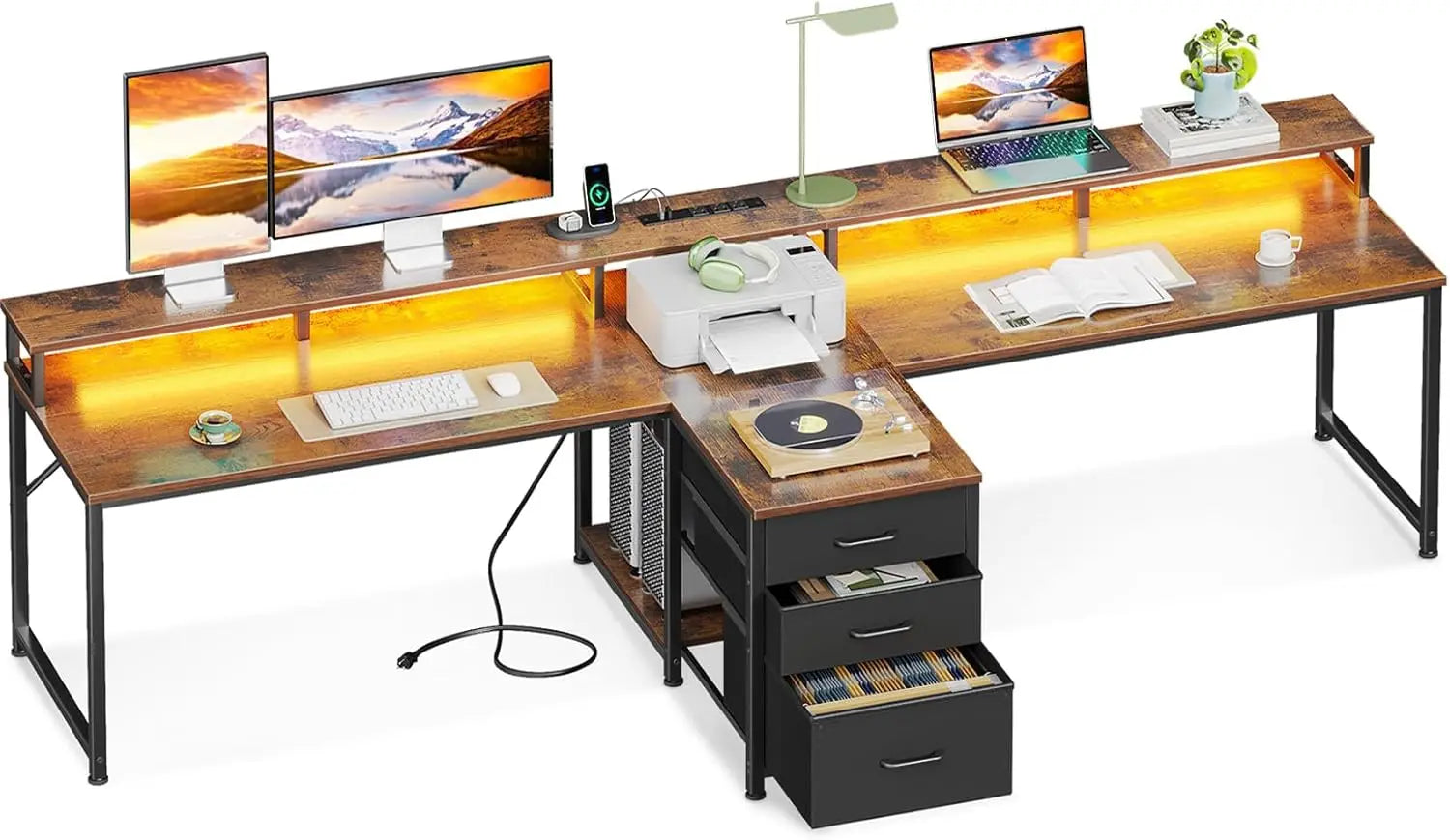 94-inch-2-person-home-office-computer-desk-with-power-outlet-led-light-fabric-drawers-file-cabinet-long-writing-desk