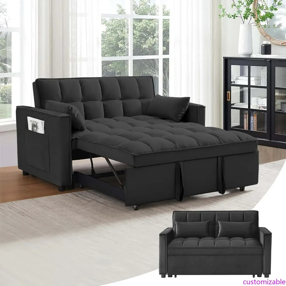 55 Inch 3-in-1 Sleeper Loveseat Velvet Futon Sofa with Adjustable Reclining Backrest and Pull Out Couch Includes