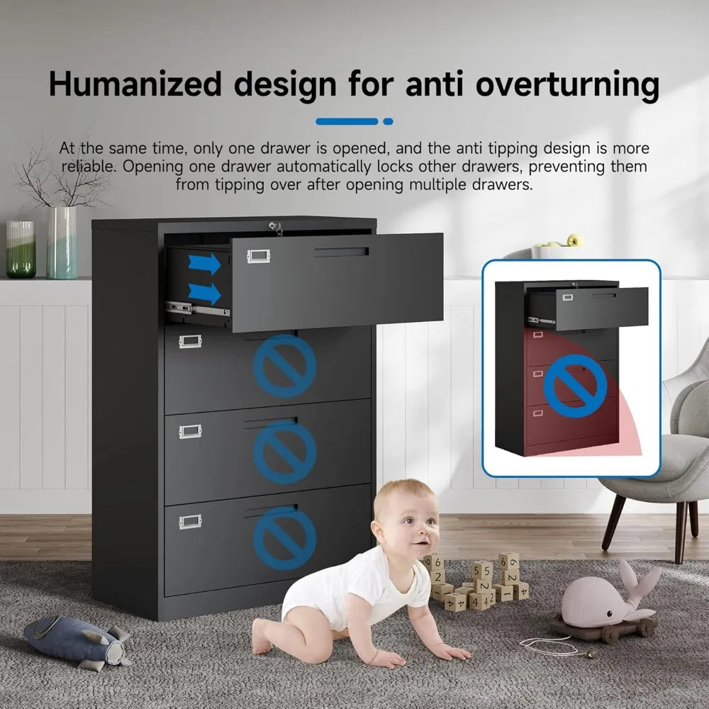 4 Drawer Filing Cabinet with Lock Metal Lateral File Cabinet Office Home Steel Lateral File Cabinet Heavy-Duty Storage