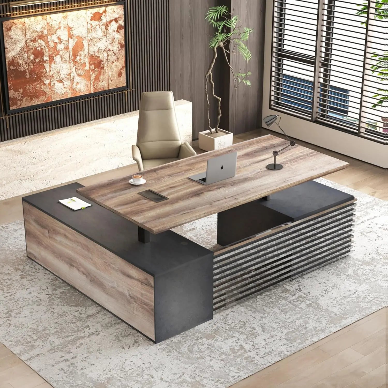 Adjustable Heigh L Shaped Executive Standing Desk w/Drawers Office Desk w/Universal Charging Ports Large Business