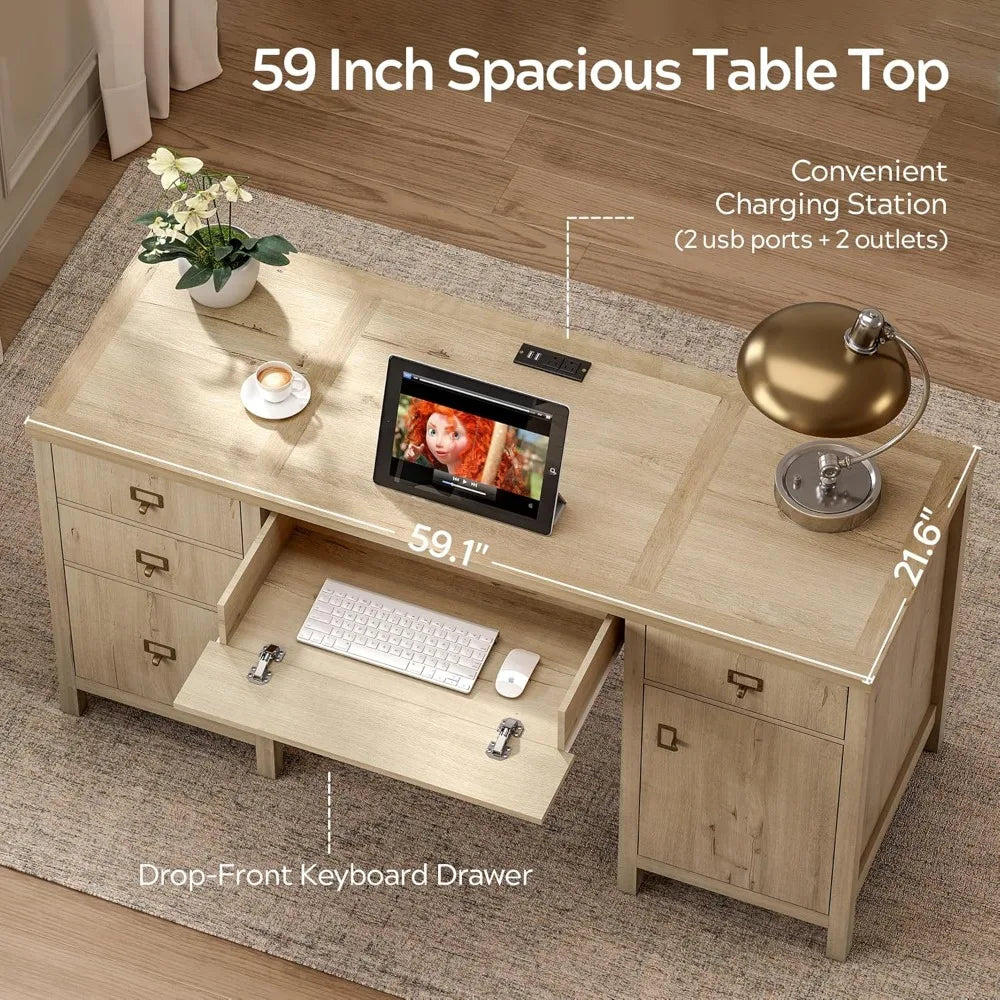 Modern Executive Desk with File Drawers Cabinet 59’’ Computer Desk with Charging Station Office Workstation w/ Keyboard
