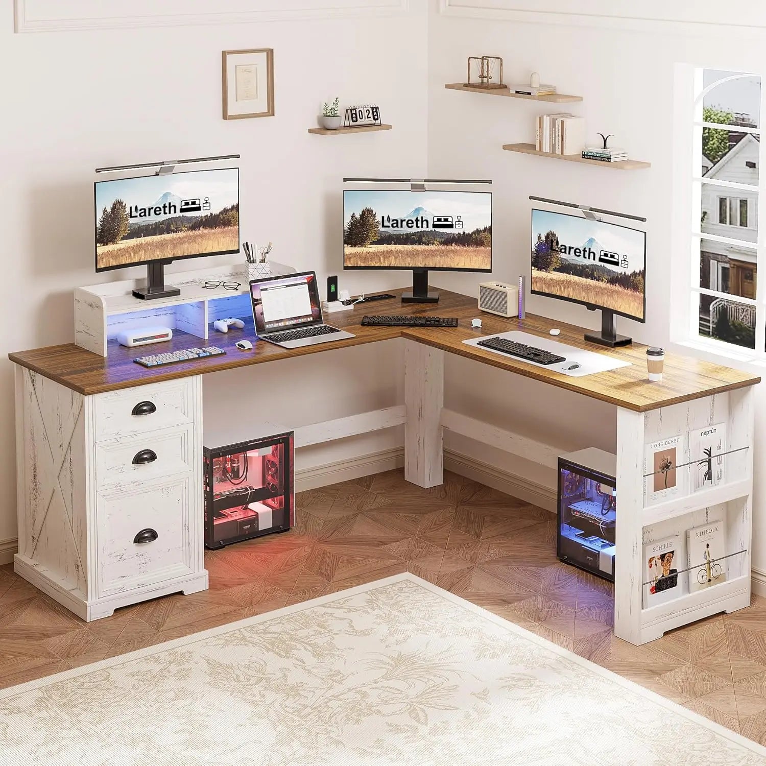 Executive L Shaped Desk with Monitor Stand And LED Lights Farmhouse Computer Desk with Power Outlets for Home Office