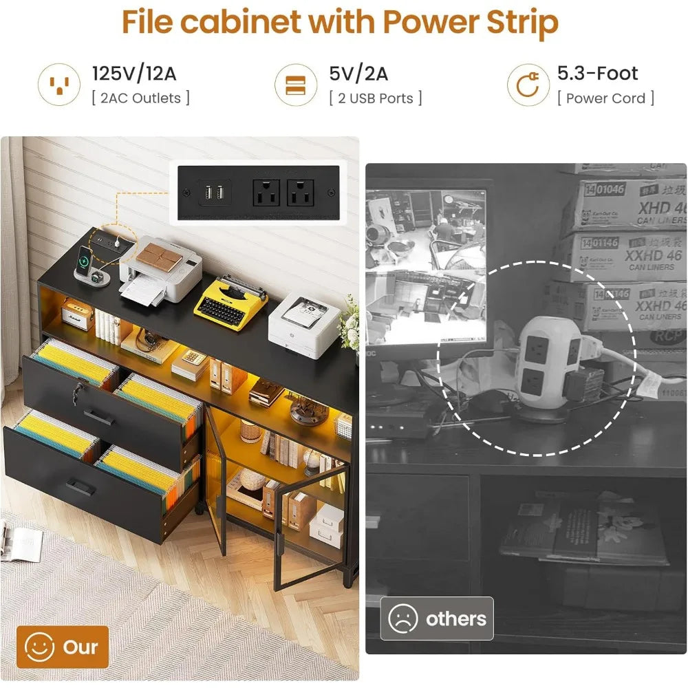 59’’ File Cabinet 2 Drawers Filing Cabinets for Home Office fit Legal/Letter/A4 File File Cabinet with Lock & Power